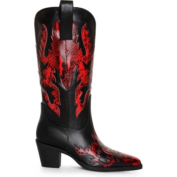Women's Black Red Mid Calf Knee High Pointed Toe Dressy Cowgirl Western Boots - Picture 2 of 6